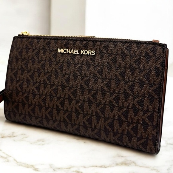 Michael Kors Large Jet Set Travel Double Zip Wallet Brown Signature - Picture 1 of 8
